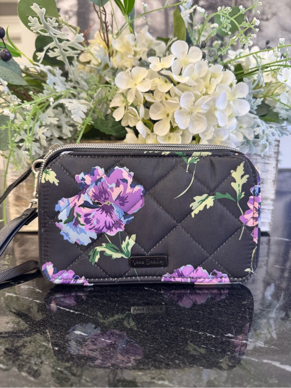 Vera Bradley Black Quilted 3-in-1 Wallet/Crossbody in Floating Plum Pansies RFID